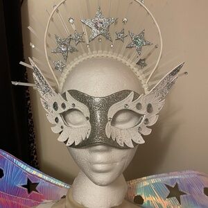 Hologram rave costume outfit piece leg warmers wings crown and mask